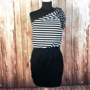 CACHE Ruffle One Shoulder Striped Dress